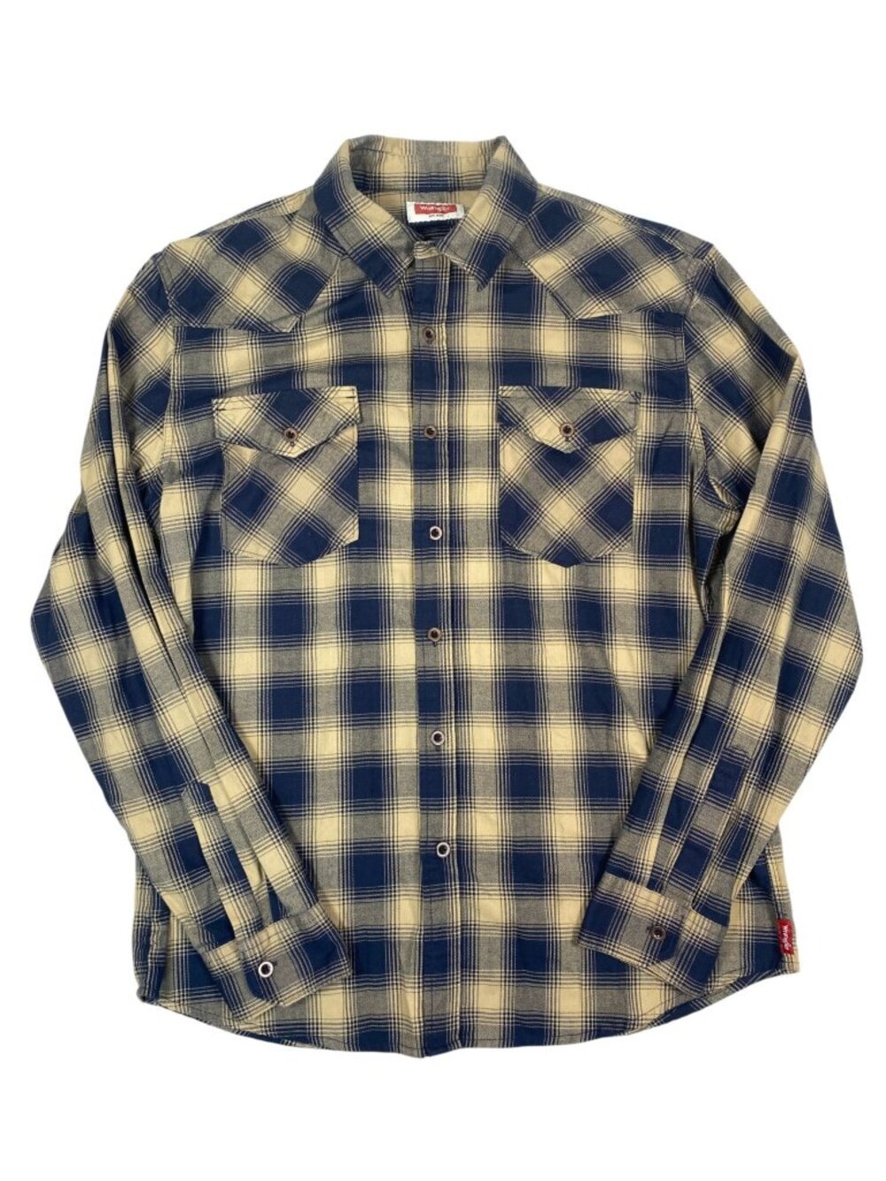 Wrangler Mens Blue Brown Plaid Button-Up Shirt Large Cotton Long Sleeves Western - Picture 2 of 6